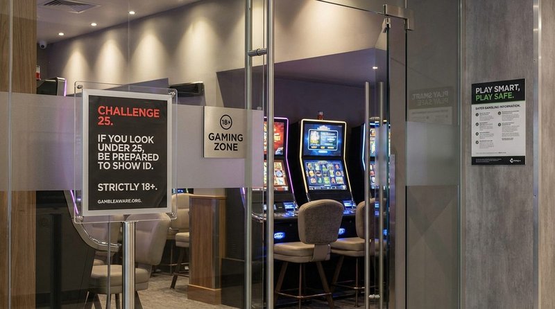 Challenge 25 age verification signage at the entrance to an 18+ zone in a UK adult gaming centre