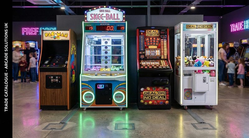 Range of UK arcade cabinet types including upright video, redemption and AWP machines on an FEC floor