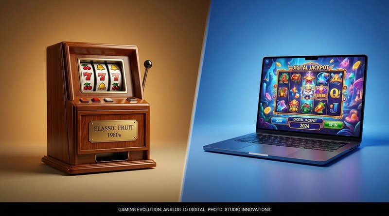 Evolution from UK arcade fruit machines to online slot games — mechanical reels to digital screens