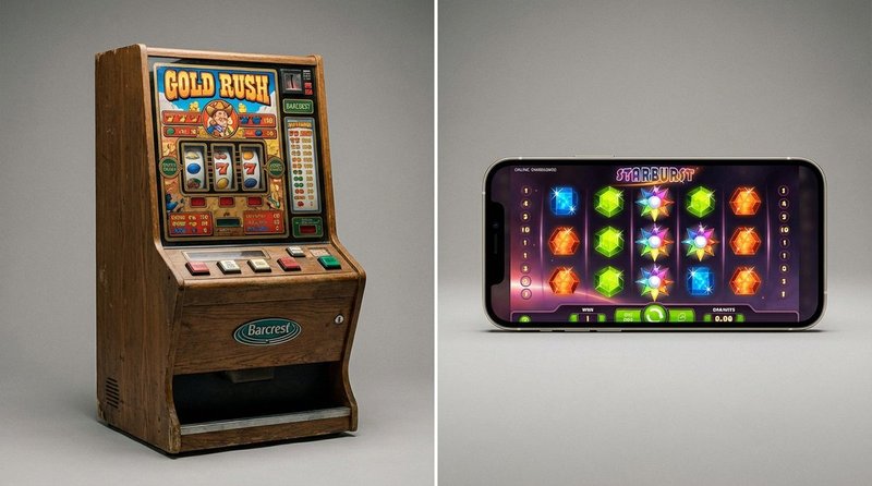 UK AWP fruit machine next to an online slot game on a mobile device — regulatory comparison