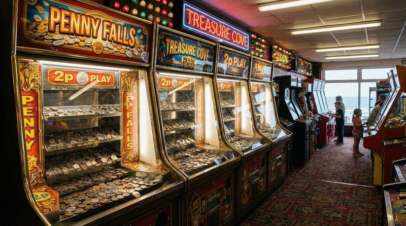Row of coin pusher penny falls machines in a UK seaside amusement arcade