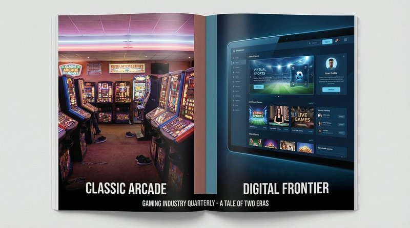 UK arcade floor with AWP machines alongside a digital online slot platform — business model comparison